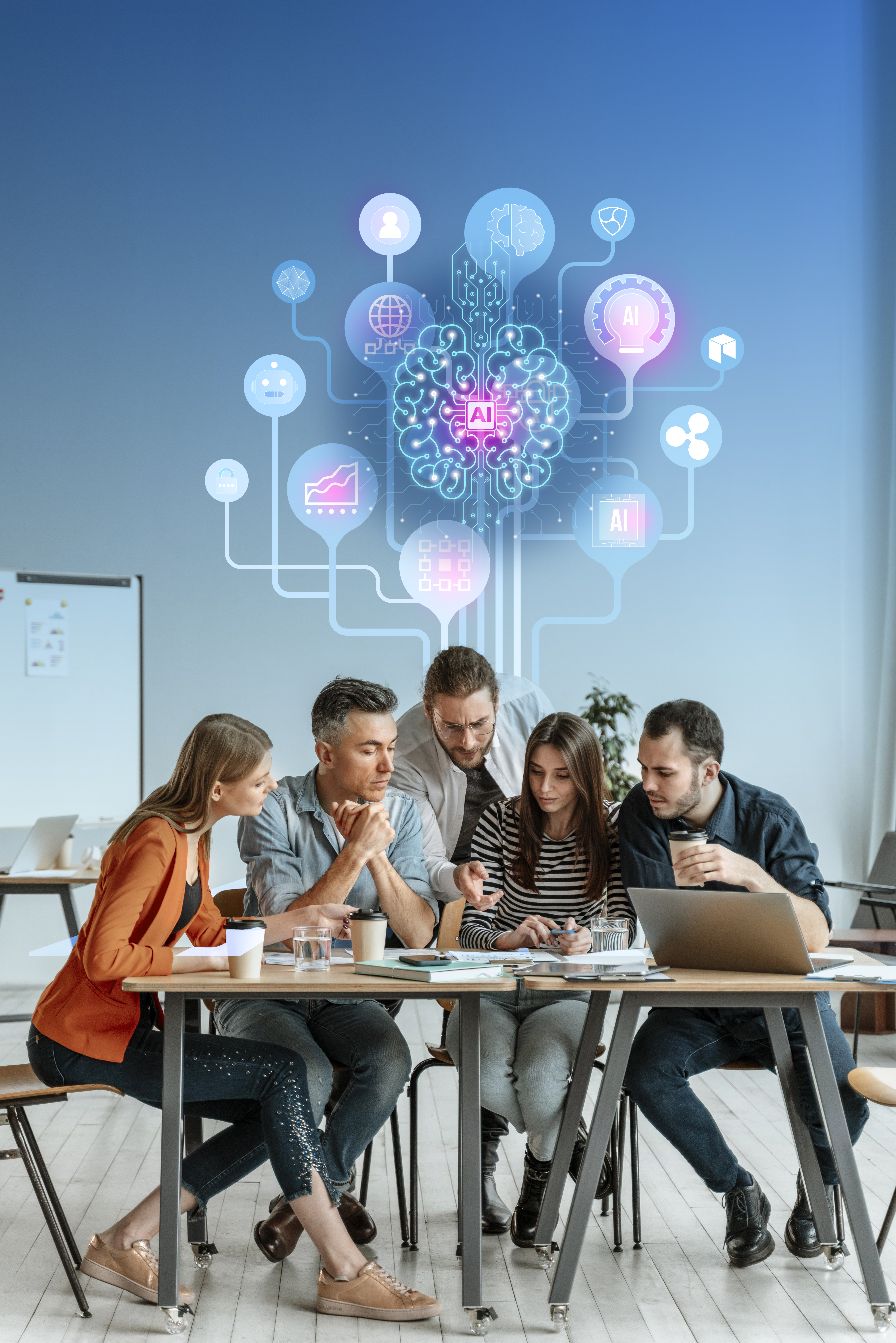 Grupo de profissionais reunidos em torno de uma mesa discutindo estratégias, com ilustrações digitais representando inteligência artificial e tecnologia ao fundo.