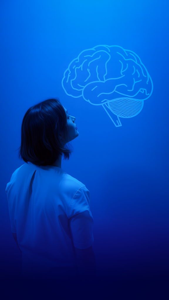 Colaboradora observando ilustração de cérebro, representando a importância da saúde mental no ambiente corporativo e seu impacto nos resultados das empresas.